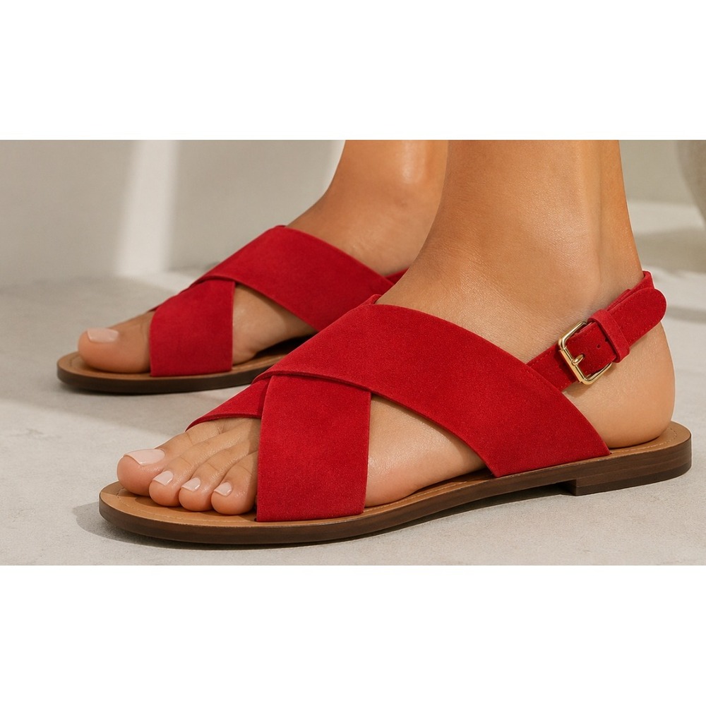Mansur Gavriel Red Suede Crisscross Slingback Sandals Flat Size 38 Italy